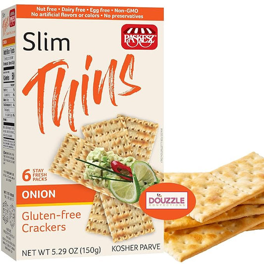 DOUzzle Gluten Free Flatbread Crackers, Slim Thins Onion Flavor (6 Stay Fresh Packs - Pack of 1) Non Gebrokts Kosher for Passover Snack Food - Non GMO, Nut Free, Dairy Free, Egg Free
