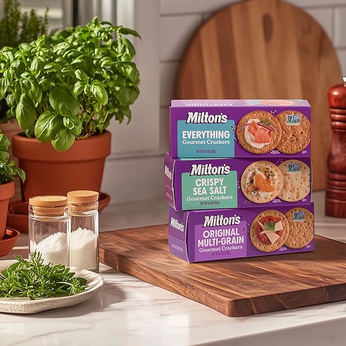 Milton's Gourmet Crackers Variety Bundle (Original Multi-Grain, Everything, Crispy Sea Salt) - Non-GMO Project Verified, Natural Ingredients, Kosher, Great for Charcuterie Boards - 8.4 Oz, Pack of 3