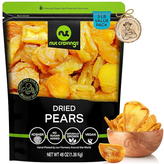 NUT CRAVINGS - Sun Dried California Pears, No Sugar Added, Unsweetened (48oz, 3 LB, Bulk) Bulk Dry Fruits Packed Fresh in Resealable Bag - Sweet Healthy Snack, Naturally Grown, Vegan, Kosher