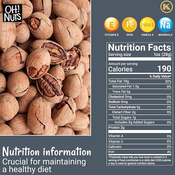 Oh! Nuts Pecans in Shell - Raw - 100% Natural - 2 lb - High-Protein Pecans - Packed in New York Zip-Seal Bag for Exceptional Freshness