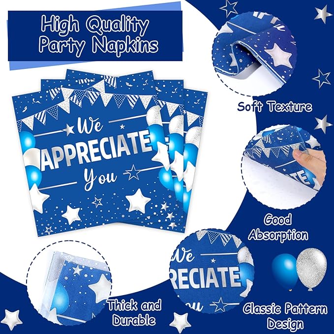 96pcs Blue Silver We Appreciate You Plates and Napkins set for Thankful Party Decorations Thank You Dinnerware Tableware Set for 24 Guests Employee Teacher Doctor Graduate Appreciation Party Supplies