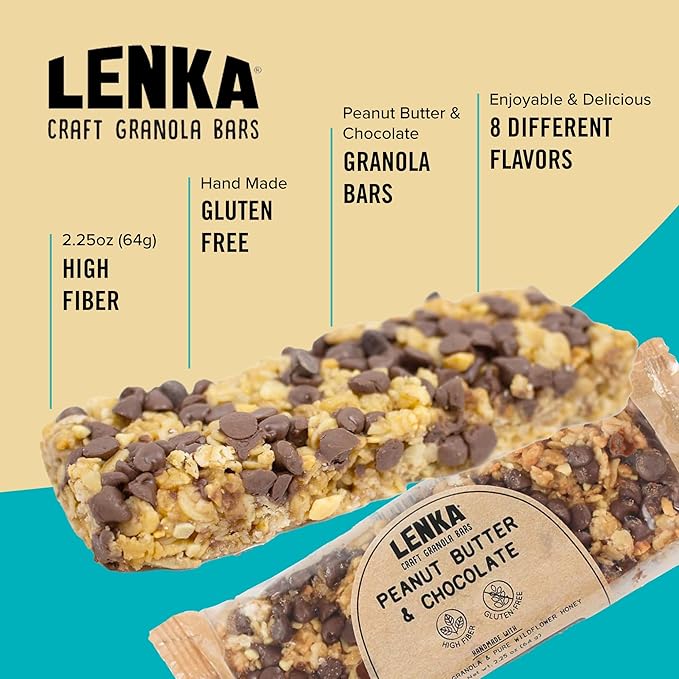 Lenka Bars - Peanut Butter & Chocolate Snack Bars, Gluten Free, High Fiber, Kosher, Wholesome, No Artificial Flavors, Individually Wrapped - 12 Pack