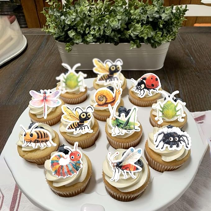 Rsstarxi 60 Pack Edible Insects Cupcake Toppers Rice Paper Dragonfly Ladybird Bee Cupcake Picks for Baby Shower Kids Birthday Party Cake Decorations Supplies