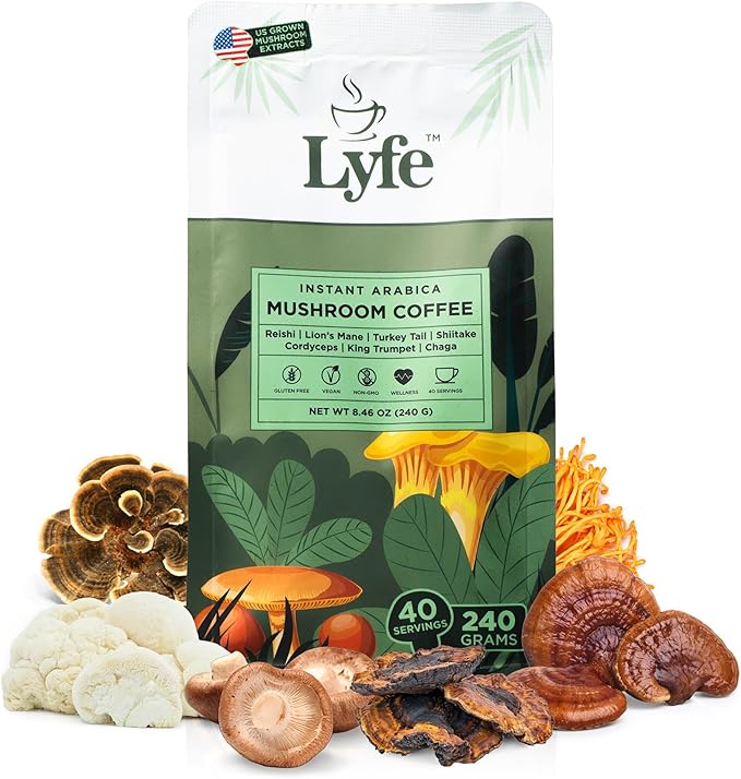 LYFE Organic Instant Mushroom Coffee ??Lion?™s Mane, Chaga, Cordyceps, Turkey Tail | USA Grown Adaptogenic Mushrooms for Better Energy, Focus, Gut Health, Immunity ??40 Servings