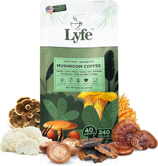 LYFE Organic Instant Mushroom Coffee ??Lion?™s Mane, Chaga, Cordyceps, Turkey Tail | USA Grown