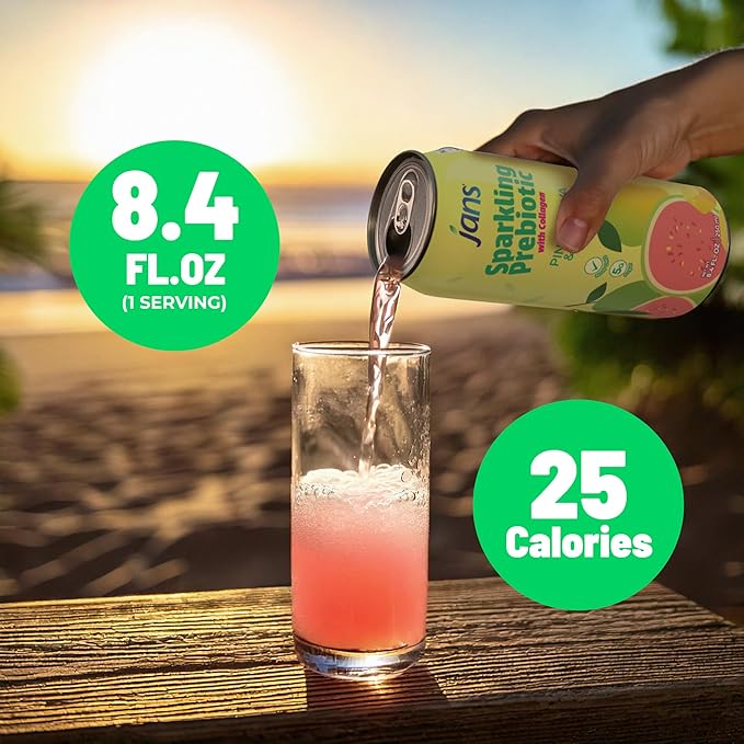 Jans Sparkling Prebiotic with Collagen Soda Beverage ??Pink Guava & Mango 8.4 Fl Oz (24-Pack) ??Low Calorie, NO Added Sugar, Non-GMO Sparkling Fruit Beverage, Gut Health Support