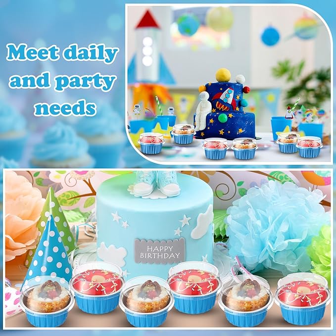 Gejoy 400 Pcs Aluminum Foil Baking Cups with Lids 5 oz Disposable Ramekins Mini Cake Pans Creme Brulee Cupcake Liners Muffin Tins Flan Mold Dessert Container for Wedding(Ocean Blue,Classic)