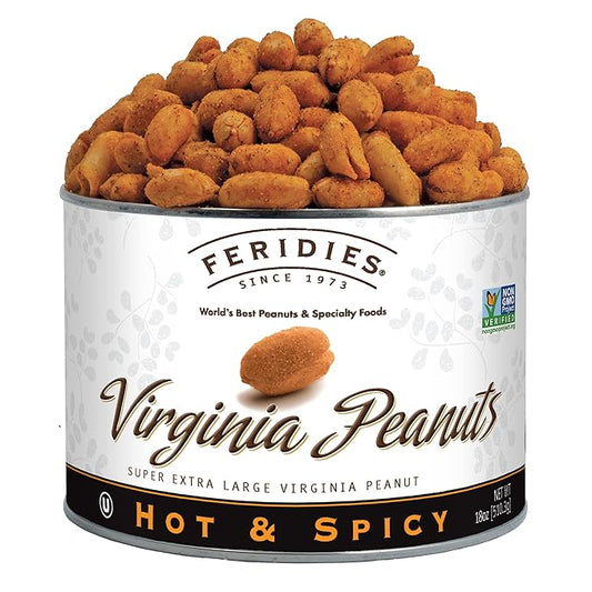 FERIDIES Super Extra Large Hot and Spicy Virginia Peanuts, 18oz CAN