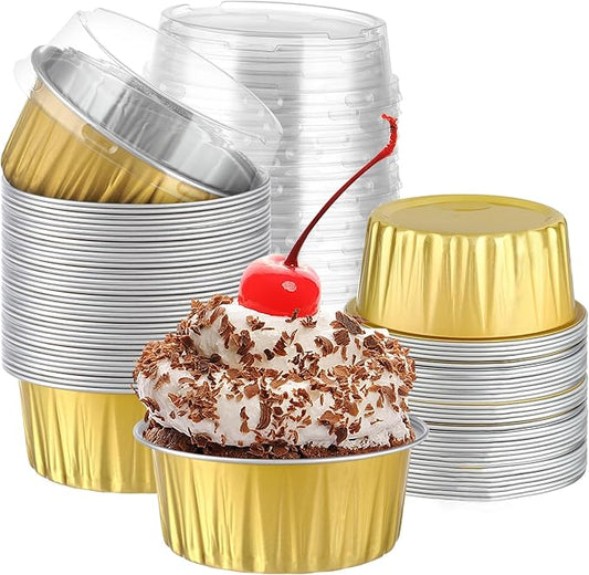 200Pack 5oz Gold Mini Cake Pans with Lids and Spoons Baking Cups Aluminum Foil Tins, Individual Round Dessert Cups Containers for Sales,Party,Picnics