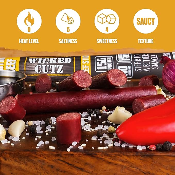 Wicked Cutz Teriyaki Beef Sticks, 15g Protein Per Beef Stick, Tender & Juicy Extra Large Meat Stick, USA Made High Protein Meat Sticks, Carnivore Snacks (12 Pack)