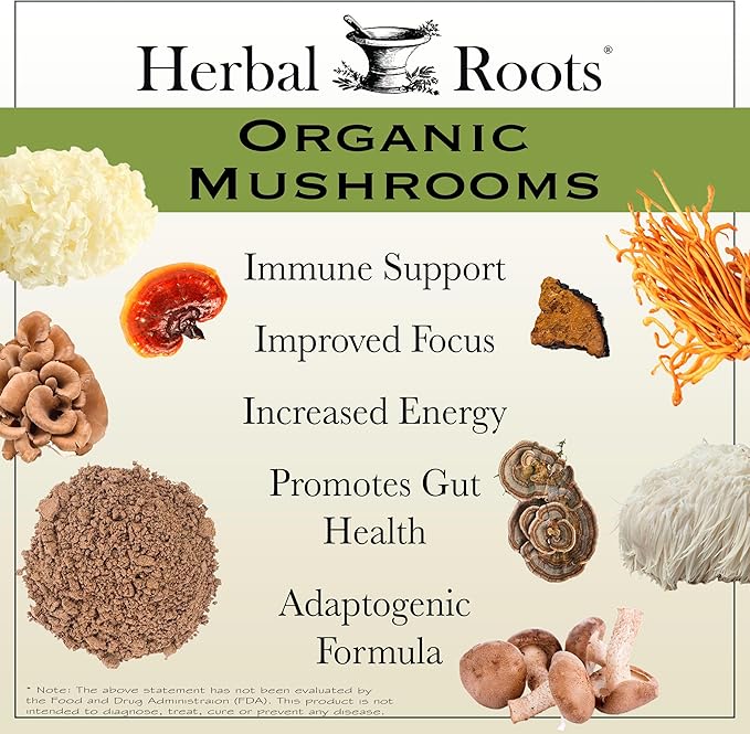 Herbal Roots Organic 8 Mushroom Blend Supplement Capsules - 100% Fruiting Body Extracts - Wellness and Immunity - 60 Vegan Capsules
