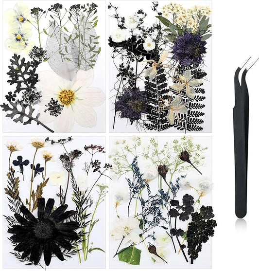 Nuanchu Pressed Flowers Bulk Dried Flower for Crafts, Dried Wildflowers Leave Natural with Tweezer for Resin Mold Scrapbooking Nail Soap Making DIY(Simple Style,Dark Color)