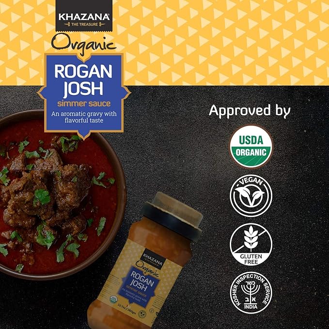 Khazana ORGANIC Rogan Josh Indian Simmer Sauce - 12.7oz Jars | Non-GMO, Vegan, Gluten Free, Kosher | Authentic Indian Meals Made Easy at Home!