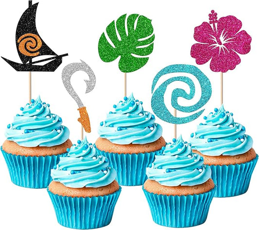 Rsstarxi 30 Pack Moana Inspired Cupcake Toppers Glitter Palm Leaf Flower Cupcake Picks Tropical Hawaiian Luau Theme Cake Decorations for Baby Shower Birthday Party Cake Supplies