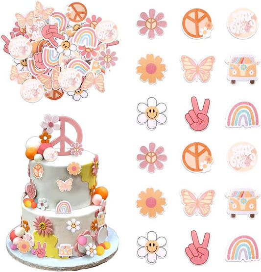 63 PCS Edible Hippie Party Cupcake Toppers Peace Sign Hand Butterfly Two Groovy Cupcake Picks Dasiy 60s Retro Boho Cake Decorations for Hippie Two Groovy Carnival Theme Birthday Party Supplies