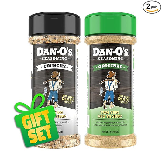 Dan-O's 2 Bottle Seasoning Set, Small Bottles, 2 Pack, Includes Original and Crunchy Seasonings, Sugar Free, Zero Calorie, Use this Seasoning Kit to Craft a Marinade, Dry Rub or Sauce