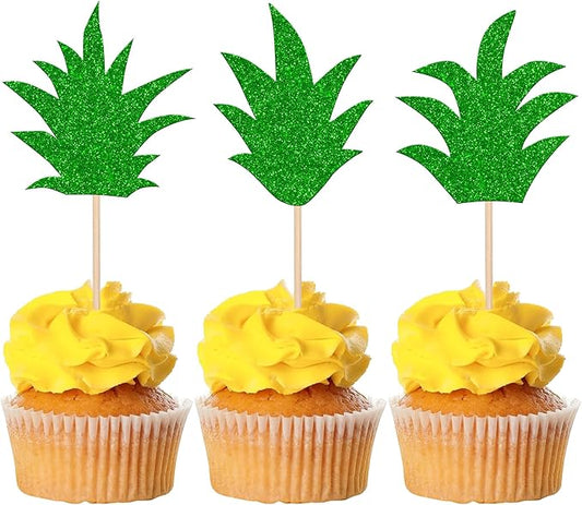 24 Pack Pineapple Cupcake Toppers Glitter Donut Pineapple Leaf Cupcake Picks Tropical Hawaiian Luau Pineapple Theme Baby Shower Kids Birthday Party Cake Decorations Deep Green