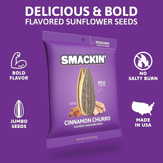 SMACKIN' - Jumbo Roasted Sunflower Seeds, No Salty Burn, American Made, Easy Pour & Seal - Cinnamon Churro, 4oz bag (12 Bags)