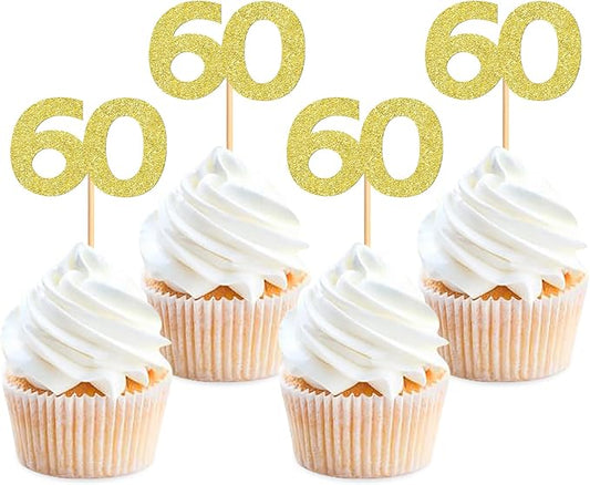 24PCS Gold Glitter 60th Birthday Cupcake Toppers Number 60 Birthday Celebrating Cake Decorations Supplies for Birthday Anniversary Party