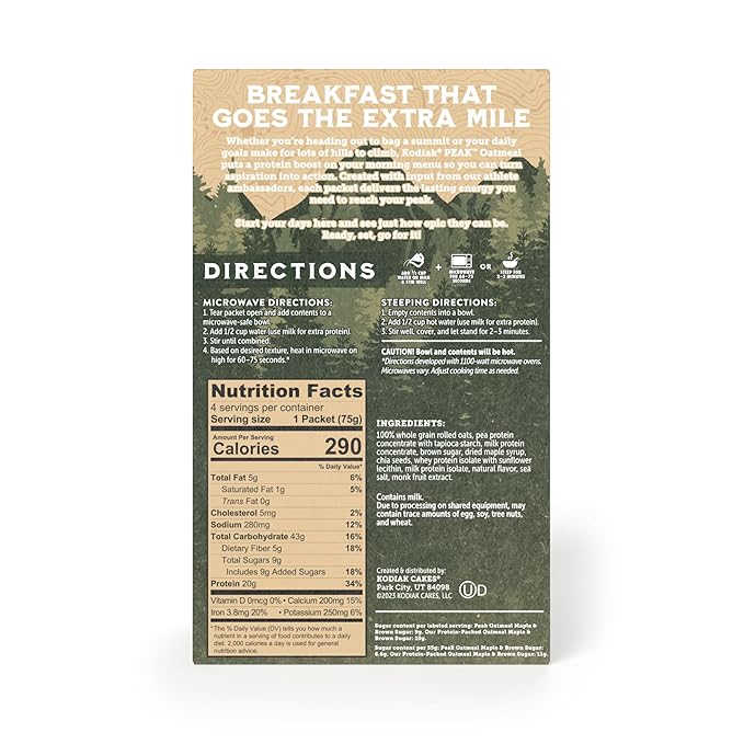 Kodiak Cakes Peak Instant Oatmeal Packets, Maple Brown Sugar, High Protein,100% Whole Grains, 6 box with 4 packets each (Total of 24 packets)