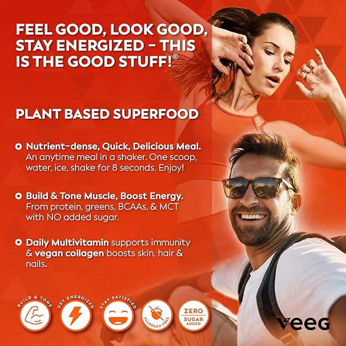 Veeg All in One Protein Smoothie Powder ??Plant Based Protein, Vegan Collagen, MCT Oil Organic, Multivitamin, Greens Superfood Powder, Meal Replacement, Probiotics, Sugar Free,15 Servings (Chocolate)