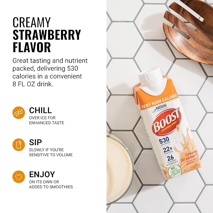 Boost Very High Calorie Strawberry Nutritional Drink ??22g Protein, 530 Nutrient Rich Calories, 8 Fl Oz (Pack of 24)