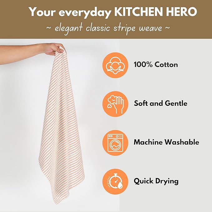 Native Fab 4 Pack Stripe Kitchen Dish Towels - 100% Cotton - 18x26 Inches - Lightweight, Quick Drying, Reusable Kitchen Cleaning Towels with Hanging Loop, Absorbent Hand Towels - Orange