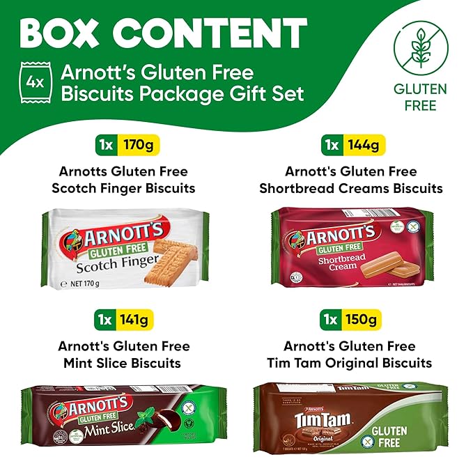 Gluten Free Biscuit Variety Pack ??4-Pack Assortment Featuring Tim Tam, Scotch Finger, Mint Slice & Shortbread Creams ??Classic Australian Biscuits Made Gluten Free