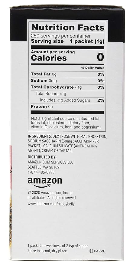 Amazon Brand - Happy Belly Zero Calorie Pink Saccharin Sweetener Powder, 250 Packet, 8.81 ounce (Pack of 1)