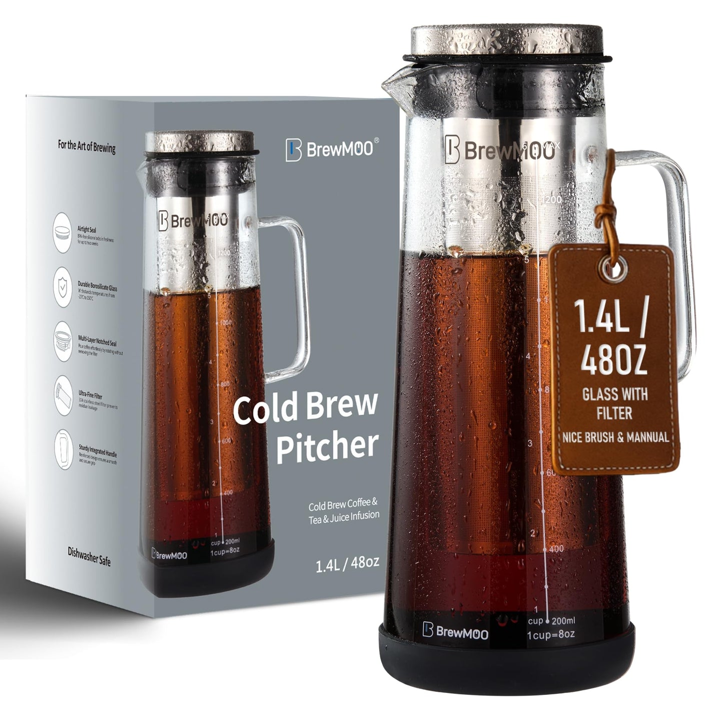 BrewMOO- Airtight Cold Brew Coffee Maker Pitcher, 1.4L/48Oz Thick Glass Carafe with Filter, Comfort