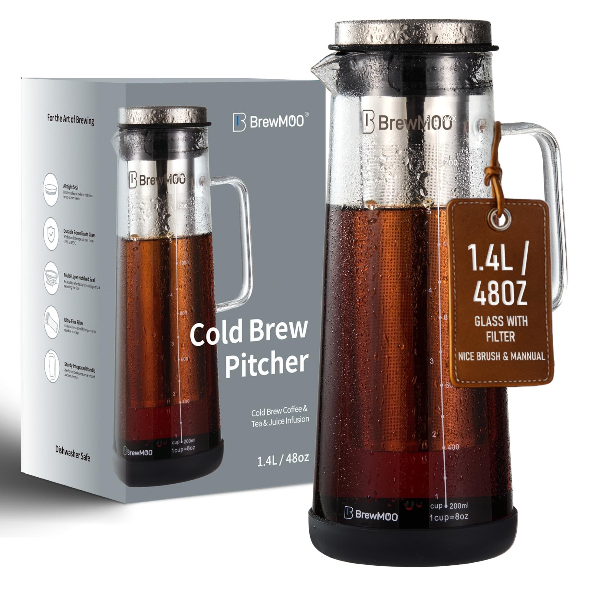 BrewMOO- Airtight Cold Brew Coffee Maker Pitcher, 1.4L/48Oz Thick Glass Carafe with Filter, Comfort