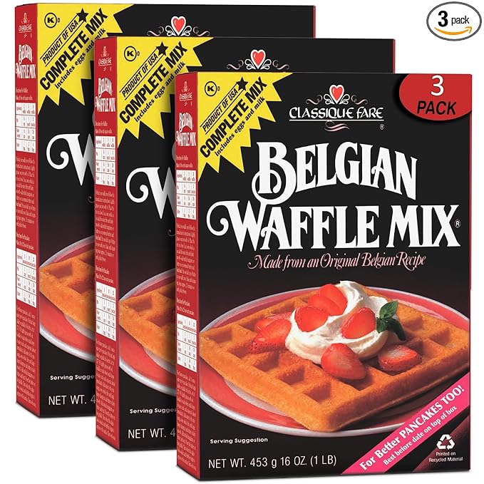 Classique Fare Belgian Waffle Mix - Makes Light and Crisp Waffles, Pancakes, Muffins & Crepes - Works with Waffle Maker - Fast and Fresh Breakfast Foods - 16 Oz Boxes (Pack of 3)