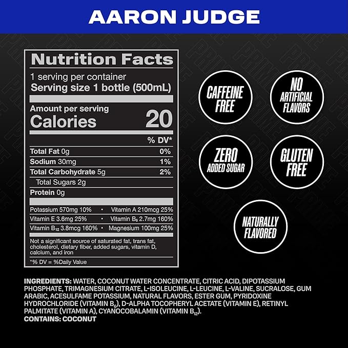 PRIME Hydration Aaron Judge, Sports Drinks, Electrolyte Enhanced for Replenishing Fluids, 250mg BCAAs, B Vitamins, Antioxidants, Low Sugar, 16.9 Fl Oz, 12 Pack