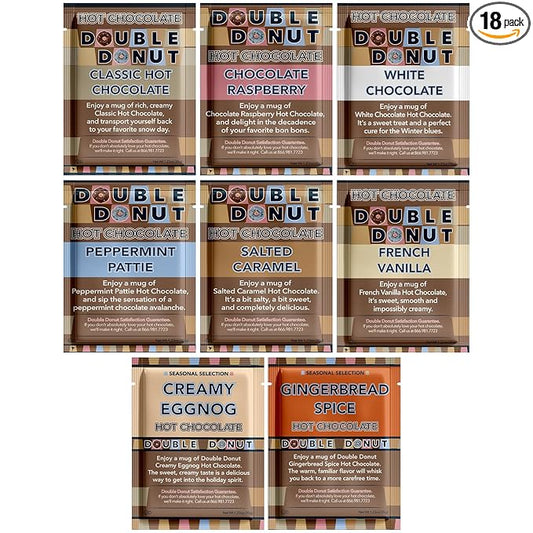 Double Donut Coffee Flavored Hot Chocolate Packets Variety Pack,18 Count Includes Classic, Chocolate Raspberry, Salted Caramel & Peppermint
