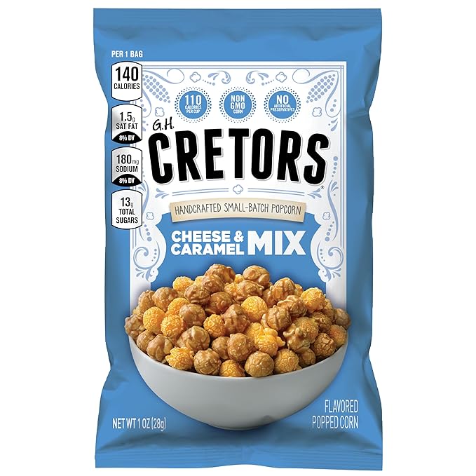 G.H. Cretors Cheese & Caramel Popcorn Mix (1 oz Bags ??40 Pack) Handcrafted Small Batch Popcorn, Gluten Free, Kosher, No Artificial Preservatives, Convenient Individual Bags