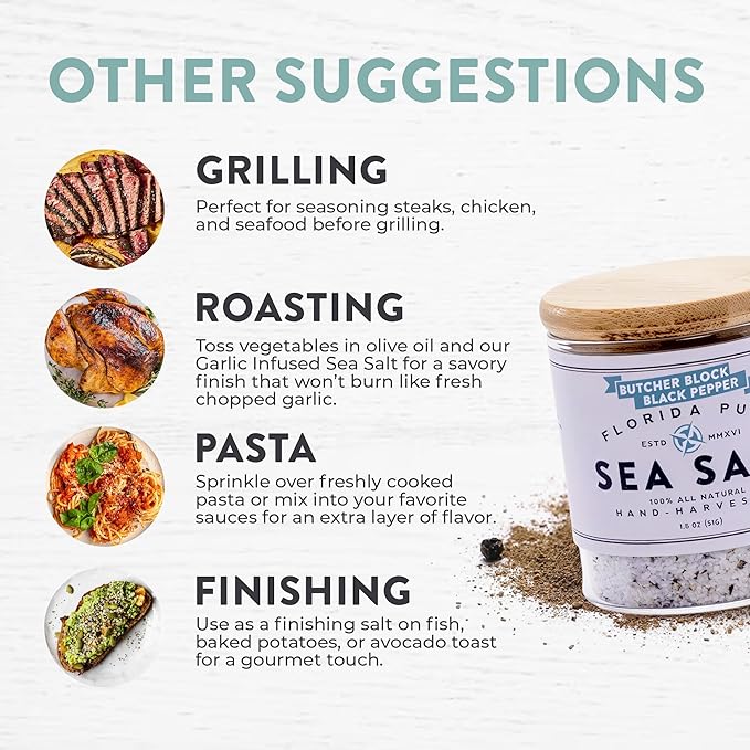 FLORIDA PURE Black Pepper Sea Salt - 80+ Mineral Sea Salt, Natural, Unrefined, Non Iodized - for Baking, Cooking, Seasoning & Enhancing Taste - Rich in Taste Flaky Sea Salt (1.8 oz Jar)