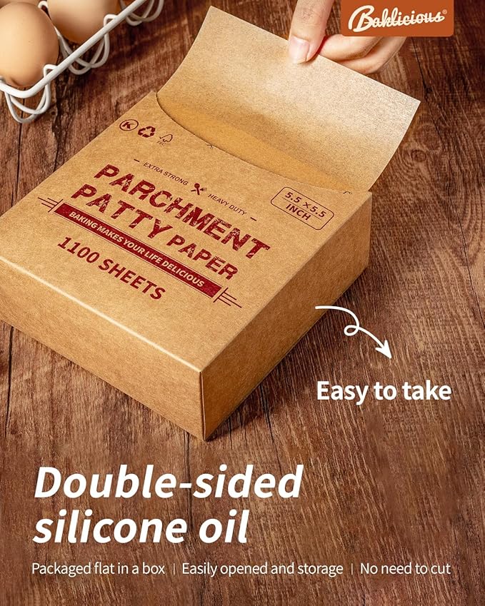 Baklicious 1100Pcs 5.5x5.5" Patty Paper - Elevate Burger Experience! Unbleached, Non-Stick Squares for Perfect Patties, Cookies, Food Storage, Sweet Candies Wrapping!