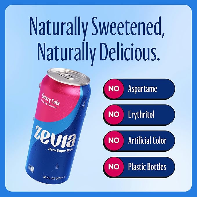 Zevia Zero Sugar Soda, Cherry Cola, 16 oz Cans (12-Pack) ??Naturally Sweetened, Zero Calorie Sugar Free Soda - Non-GMO Project Verified, Gluten-Free, Vegan