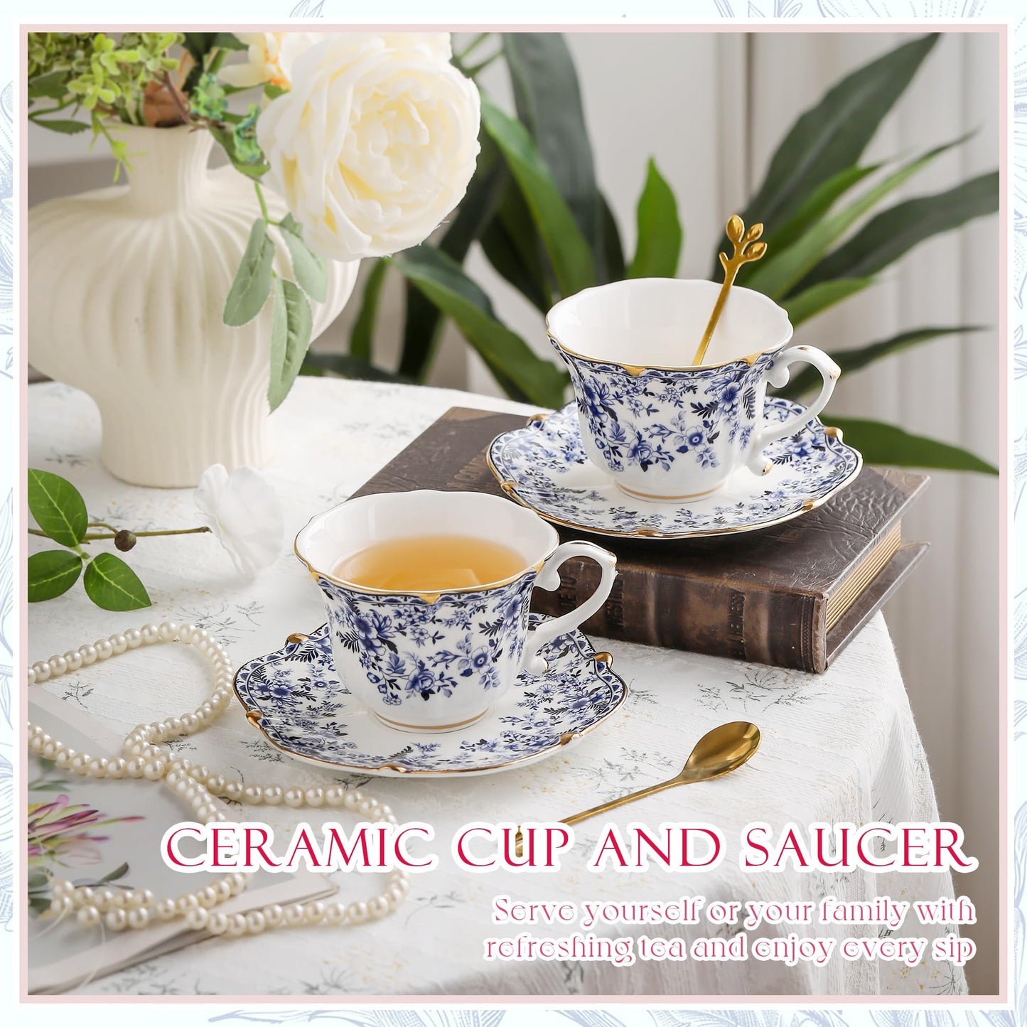 TATSUMI Country Roses Bone China Tea Cup and Saucer Set, 6 Pieces, Vintage Style, For Women and Tea