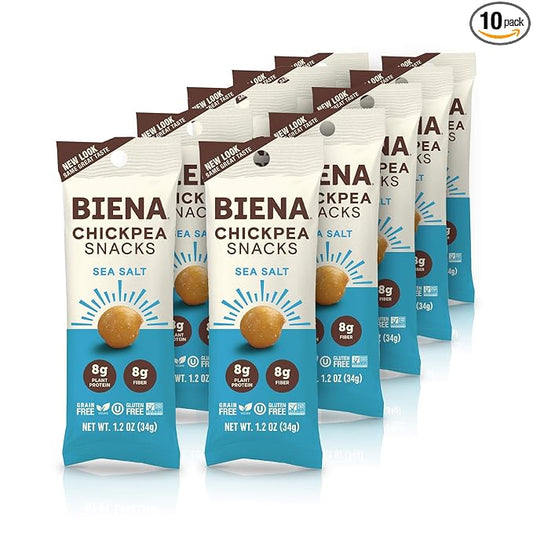 BIENA Chickpea Snacks - Crunchy Roasted Chickpeas - High Fiber Vegan Protein Snacks for Adults and Kids - 10-Pack, 1.2 Ounce Bags - Sea Salt