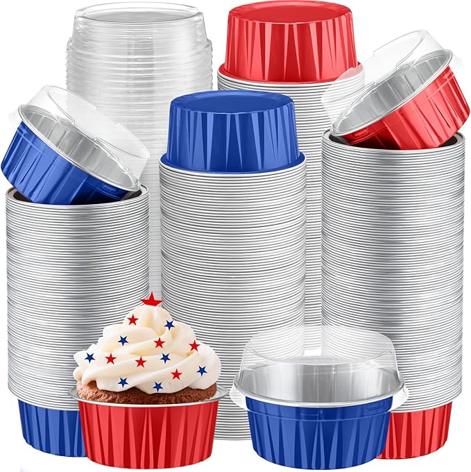 Gejoy 400 Pcs Aluminum Foil Baking Cups with Lids 5 oz Disposable Ramekins Mini Cake Pans Creme Brulee Cupcake Liners Muffin Tins Flan Mold Dessert Container for Wedding(Red and Blue,Classic)