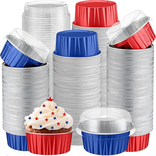 Gejoy 400 Pcs Aluminum Foil Baking Cups with Lids 5 oz Disposable Ramekins Mini Cake Pans Creme Brulee Cupcake Liners Muffin Tins Flan Mold Dessert Container for Wedding(Red and Blue,Classic)
