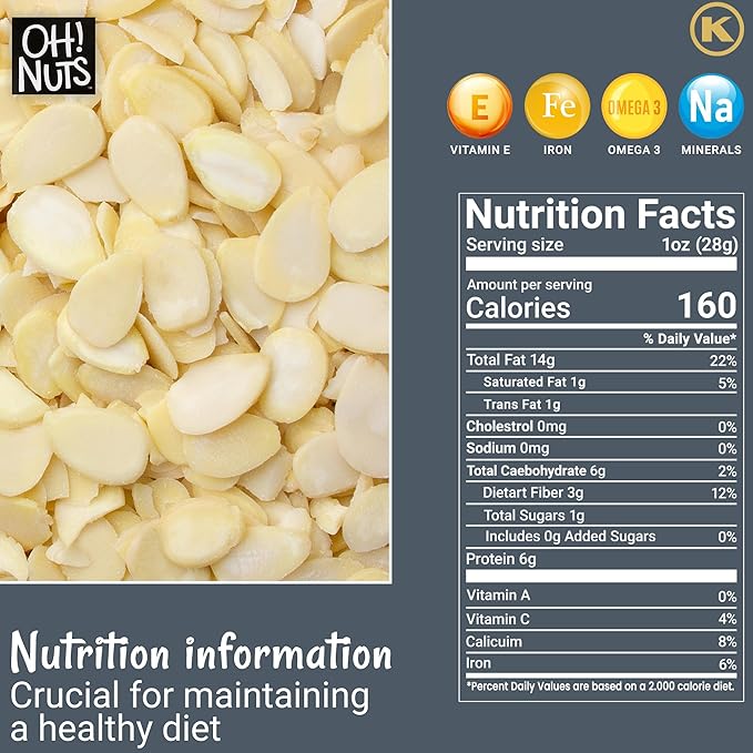 Oh! Nuts Almonds Blanched Sliced - Raw - 100% Natural - 1.5 lb - High-Protein Almonds - Packed in New York Zip-Seal Bag for Exceptional Freshness
