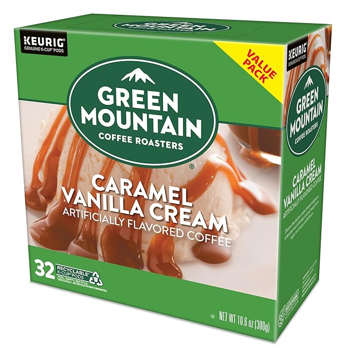 Green Mountain Coffee Roasters Caramel Vanilla Cream, Single-Serve Keurig K-Cup Pods, Flavored Light Roast Coffee Pods, 32 Count