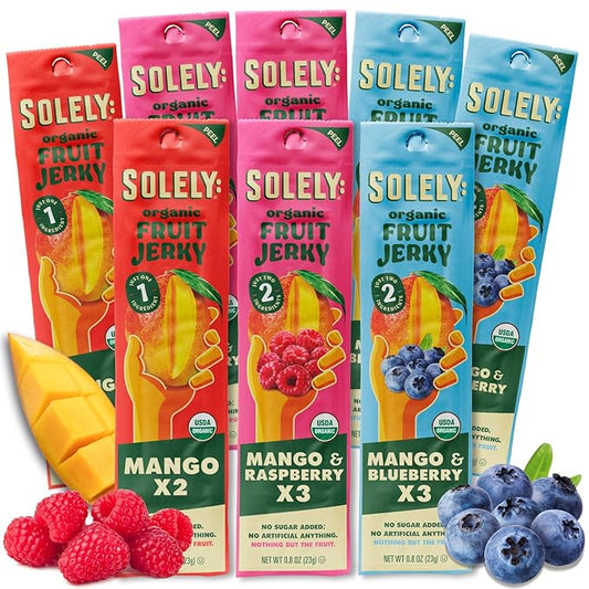 SOLELY - Organic Fruit Jerky Variety Pack - 8 Flavors, 8 Individually Wrapped Strips - Fruit Leather Made from Dried Fruit - Healthy Snacks for Adults & Kids - Non GMO, Vegan - 0.8oz (23g)