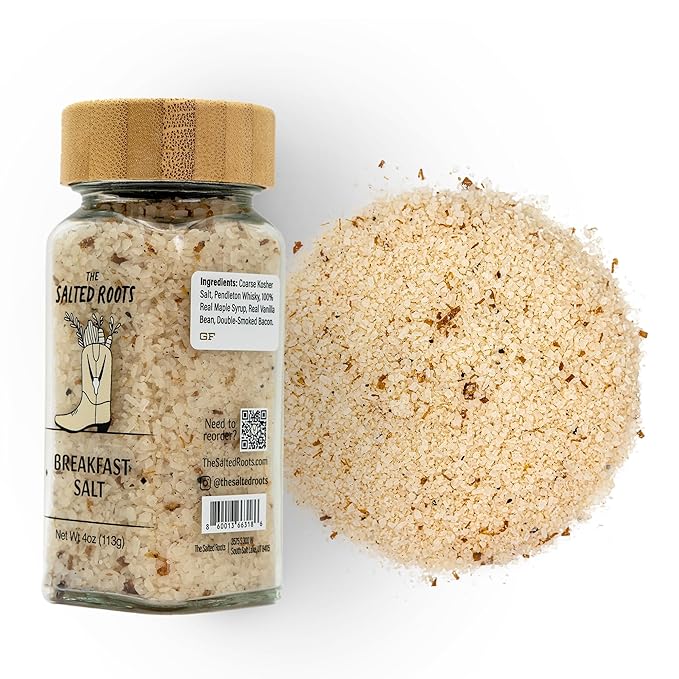 The Salted Roots - Breakfast Salt - Whiskey-Infused with Real Maple, Vanilla Bean & Applewood-Smoked Bacon - Sweet & Savory Seasoning for Eggs, Avocado Toast & Brunch Dishes - 4oz Jar