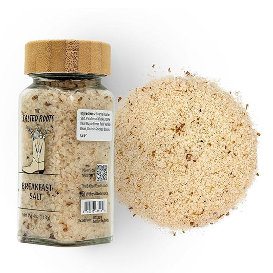 The Salted Roots - Breakfast Salt - Whiskey-Infused with Real Maple, Vanilla Bean & Applewood-Smoked Bacon - Sweet & Savory Seasoning for Eggs, Avocado Toast & Brunch Dishes - 4oz Jar
