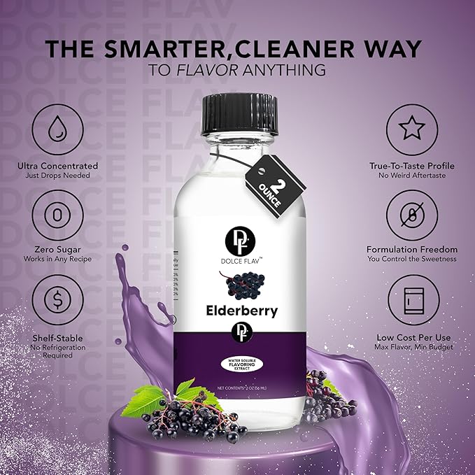 Dolce Flav Elderberry Extract - 2 Ounce Water-Soluble Multipurpose Flavoring Ideal for Baked Goods, Beverages, Coffee, Desserts & Ice Cream - Perfect Kitchen Gift for Holidays