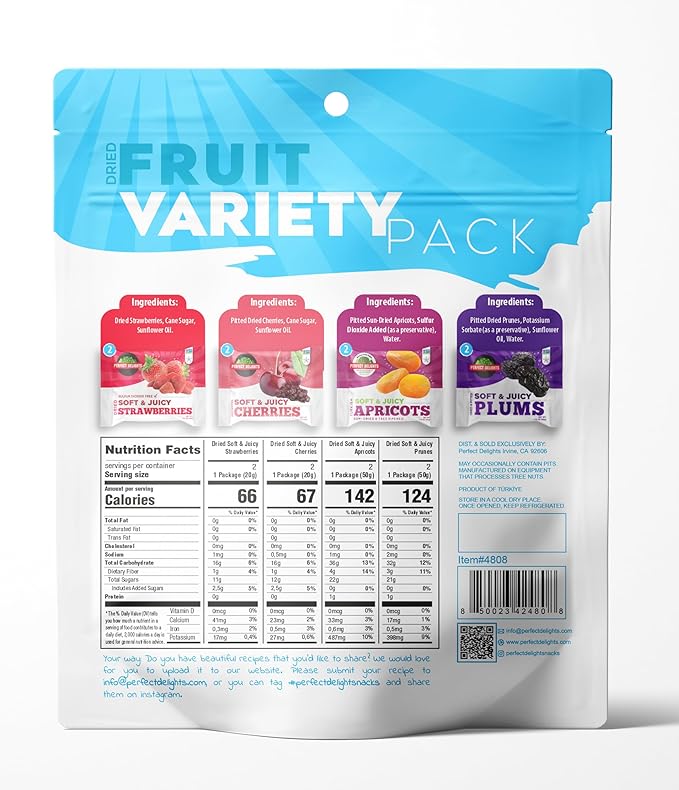 Perfect Delights Multipack Sun-Dried Fruits, Vegan, Healthy Snack Packs, Dried Fruits On-the-Go, Variety Fruit Pack For Kids & Adults, Apricots, Plums, Sour Cherries, Strawberries (8 Pack/ 2 of Each)
