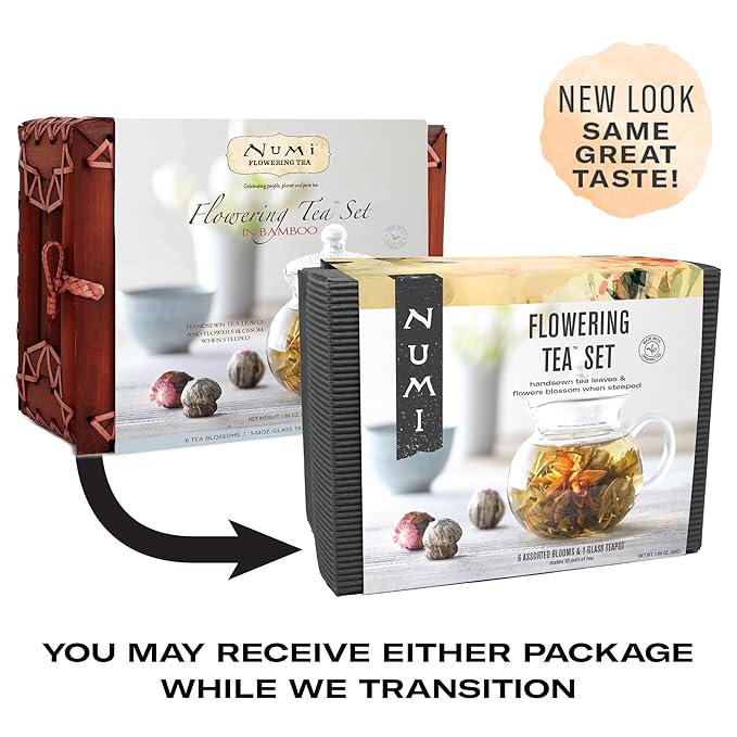 Numi Organic Tea Flowering Tea Gift Set, 6 Tea Blossoms with 16 Ounce Glass Teapot in Elegant Bamboo Case (Packaging May Vary)
